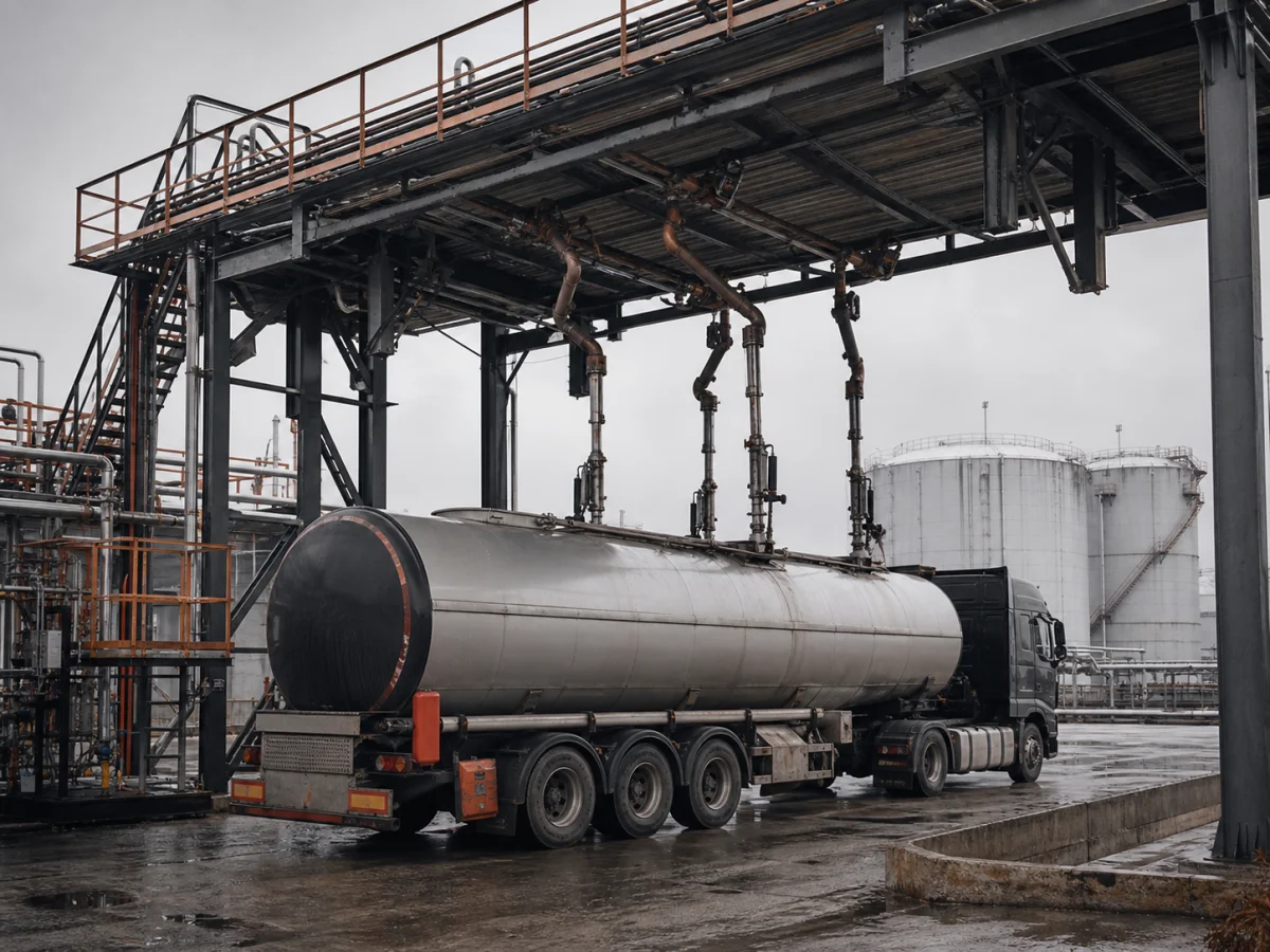Автоцистерна-бензовоз под наливной эстакадой нефтебазы